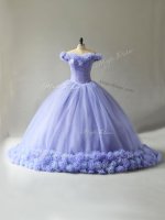 Top Selling Sleeveless Hand Made Flower Lace Up Quinceanera Gowns with Lavender Court Train