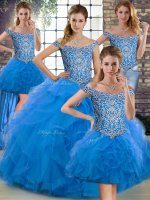 Sleeveless Beading and Ruffles Lace Up Quinceanera Dresses with Blue Brush Train
