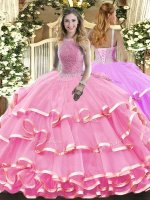 Rose Pink Organza Lace Up Vestidos de Quinceanera Sleeveless Floor Length Beading and Ruffled Layers