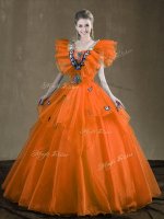 Wonderful Orange Red Organza Lace Up Sweetheart Sleeveless Floor Length Quinceanera Gown Appliques and Ruffles
