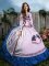 Discount Blue And White Satin Lace Up Strapless Sleeveless Floor Length Quinceanera Dresses Embroidery and Ruffles