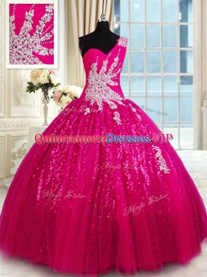 Dramatic Ball Gowns Quinceanera Gowns Hot Pink One Shoulder Tulle and Sequined Sleeveless Floor Length Lace Up - Click Image to Close