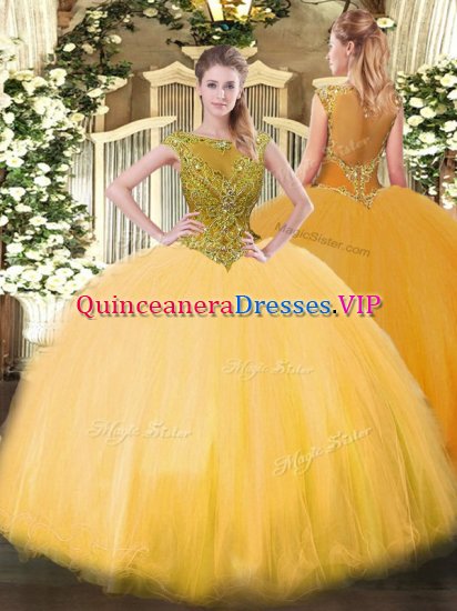 Vintage Gold Ball Gowns Tulle Scoop Sleeveless Beading Floor Length Zipper 15 Quinceanera Dress - Click Image to Close
