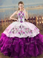 Halter Top Sleeveless Sweet 16 Dresses Floor Length Embroidery and Ruffles White And Purple Organza