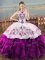 Halter Top Sleeveless Sweet 16 Dresses Floor Length Embroidery and Ruffles White And Purple Organza