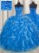Eye-catching Blue Sleeveless Beading and Ruffles Floor Length Ball Gown Prom Dress