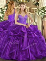 Dramatic Straps Sleeveless Lace Up Sweet 16 Dresses Eggplant Purple Organza