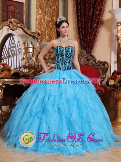 Sharon Mssachusetts/MA Sweetheart Neckline Embroidery with Beading Modest Aqua Blue Quinceanera Dress with Ruffles - Click Image to Close
