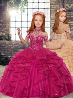 Best Tulle Sleeveless Floor Length Little Girls Pageant Dress and Beading and Ruffles