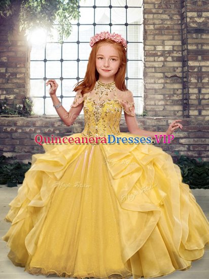 Nice Gold Organza Lace Up Pageant Dresses Sleeveless Floor Length Beading and Ruffles - Click Image to Close