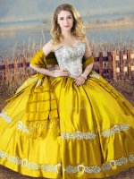 Deluxe Gold Ball Gowns Satin Sweetheart Sleeveless Beading and Embroidery Floor Length Lace Up Sweet 16 Dress(SKU XBQD160-7BIZ)