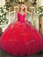 Glamorous Red Lace Up Scoop Lace and Ruffles Quinceanera Dress Organza Long Sleeves
