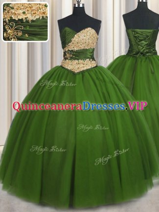 On Sale Beading and Ruching and Belt 15th Birthday Dress Green Lace Up Sleeveless Floor Length