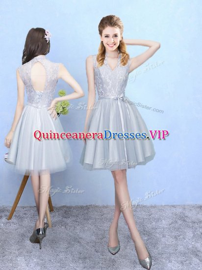 Knee Length Lace Up Vestidos de Damas Silver for Wedding Party with Lace - Click Image to Close