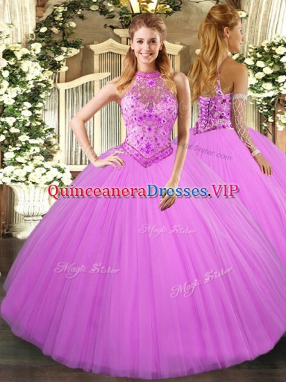 Lilac Ball Gowns Halter Top Sleeveless Tulle Floor Length Lace Up Beading and Embroidery Quinceanera Gown - Click Image to Close