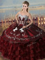 Sweetheart Sleeveless Sweet 16 Dress Floor Length Embroidery and Ruffles Burgundy Satin and Organza