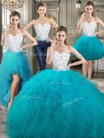 Four Piece White and Teal Lace Up Sweetheart Beading and Ruffles Vestidos de Quinceanera Tulle Sleeveless(SKU YYPJ023CX004BIZ)