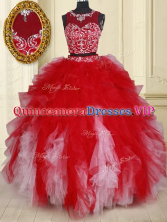 Two Pieces Scoop See Through White and Red Zipper Sweet 16 Quinceanera Dress Beading and Ruffles Sleeveless Floor Length