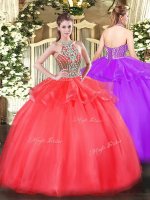 Sweet Coral Red Sweet 16 Dresses Military Ball and Sweet 16 and Quinceanera with Beading and Ruffles Halter Top Sleeveless Lace Up