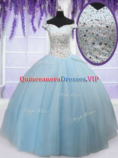 Decent Off the Shoulder Light Blue Lace Up 15 Quinceanera Dress Beading Sleeveless Floor Length - Click Image to Close