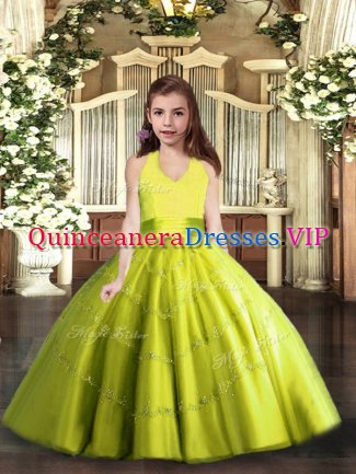 Yellow Green Sleeveless Tulle Lace Up Little Girls Pageant Gowns for Party and Wedding Party