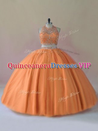 Wonderful Orange Backless Quinceanera Gowns Beading Sleeveless Floor Length