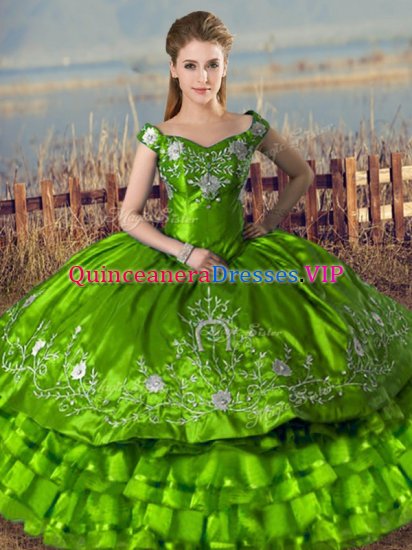 Green Satin Lace Up Off The Shoulder Sleeveless Floor Length Vestidos de Quinceanera Embroidery and Ruffled Layers - Click Image to Close