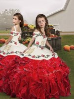 Cheap Red Straps Neckline Embroidery and Ruffles Pageant Dress for Teens Sleeveless Lace Up(SKU PAG1271BIZ)
