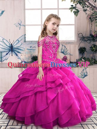 Classical Fuchsia Ball Gowns Organza Halter Top Sleeveless Beading and Ruffles Floor Length Lace Up Pageant Dress for Womens