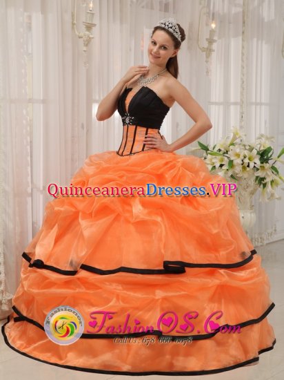 Mons-en-Bareuul France Pretty Black and orange Quinceanera Dress For Summer Strapless Satin and Organza With Beading Ball Gown - Click Image to Close