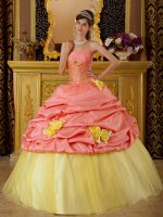 Rexburg Idaho/ID Colorful Hand Made Flowers and Pick-ups For Watermelon and Yellow Strapless Quinceanera Dress With Taffeta and Tulle Appliques