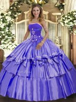 Superior Lavender Sleeveless Floor Length Beading and Ruffled Layers Lace Up Sweet 16 Dresses