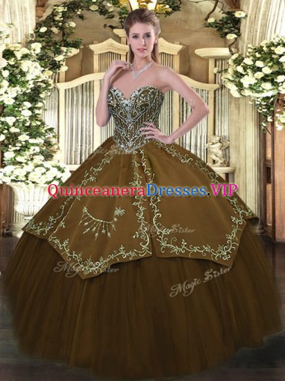 Taffeta and Tulle Sweetheart Sleeveless Lace Up Beading and Embroidery 15th Birthday Dress in Brown - Click Image to Close