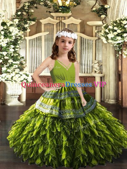 Olive Green Sleeveless Floor Length Appliques and Ruffles Zipper Child Pageant Dress - Click Image to Close