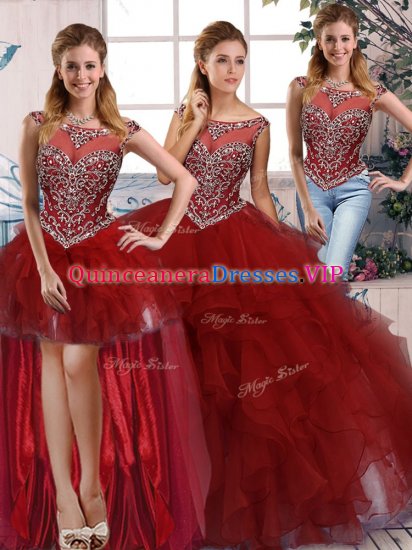 Burgundy 15th Birthday Dress Military Ball and Sweet 16 and Quinceanera with Beading and Ruffles Scoop Sleeveless Zipper - Click Image to Close