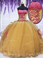 Sumptuous Strapless Sleeveless Organza and Taffeta 15th Birthday Dress Beading and Lace and Ruffles Lace Up