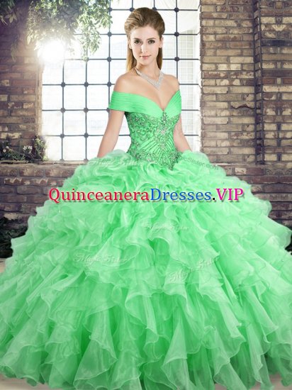 Modern Apple Green Off The Shoulder Lace Up Beading and Ruffles Sweet 16 Quinceanera Dress Brush Train Sleeveless - Click Image to Close
