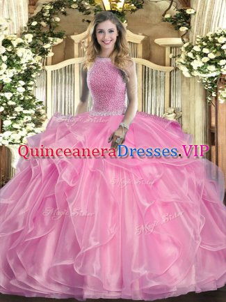 Rose Pink Vestidos de Quinceanera Military Ball and Sweet 16 and Quinceanera with Beading and Ruffles High-neck Sleeveless Lace Up