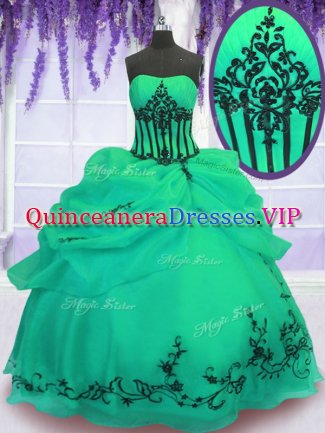 Ideal Floor Length Lace Up 15th Birthday Dress Green for Military Ball and Sweet 16 and Quinceanera with Embroidery