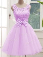 Attractive Knee Length Lilac Quinceanera Dama Dress Scoop Sleeveless Lace Up
