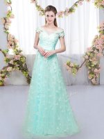 Simple Cap Sleeves Tulle Floor Length Lace Up Damas Dress in Apple Green with Appliques