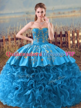 Sweetheart Sleeveless Fabric With Rolling Flowers Ball Gown Prom Dress Embroidery and Ruffles Brush Train Lace Up
