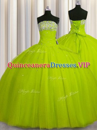 Big Puffy Strapless Sleeveless Lace Up Sweet 16 Quinceanera Dress Yellow Green Organza