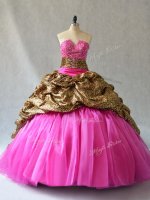Organza V-neck Sleeveless Brush Train Lace Up Beading and Pick Ups Sweet 16 Dresses in Hot Pink(SKU PSSW1051BIZ)