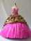 Organza V-neck Sleeveless Brush Train Lace Up Beading and Pick Ups Sweet 16 Dresses in Hot Pink
