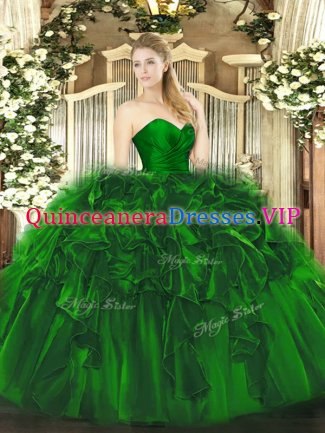 Colorful Dark Green Ball Gowns Sweetheart Sleeveless Organza and Tulle Floor Length Lace Up Ruffles Dama Dress for Quinceanera