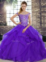 Purple Quinceanera Gown Off The Shoulder Sleeveless Brush Train Lace Up