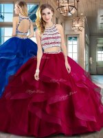 Brush Train Two Pieces 15 Quinceanera Dress Wine Red Scoop Tulle Sleeveless With Train Backless(SKU SXQD042BIZ)