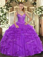 Beading and Ruffles Quinceanera Gowns Eggplant Purple Lace Up Sleeveless Floor Length(SKU SJQDDT1077002-2BIZ)
