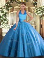 Baby Blue Ball Gowns Tulle Halter Top Sleeveless Appliques Floor Length Lace Up Quince Ball Gowns